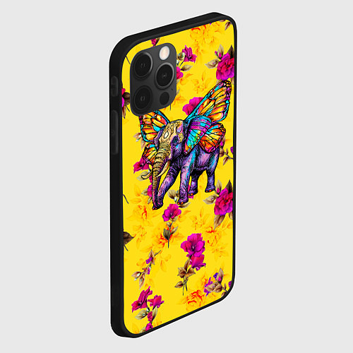 Чехол iPhone 12 Pro Max Слон с крыльями бабочки на цветочном фоне / 3D-Черный – фото 2