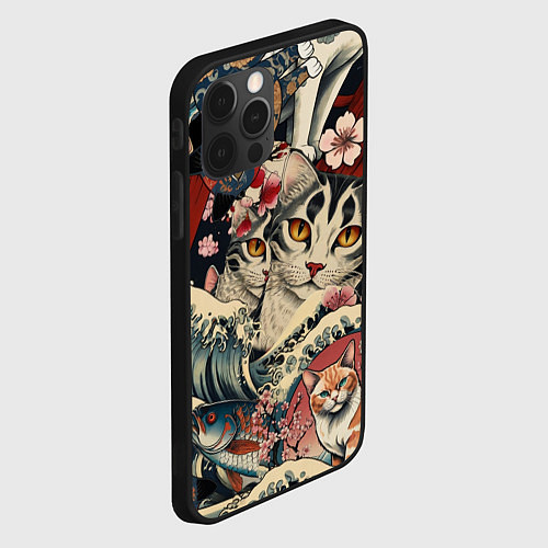 Чехол iPhone 12 Pro Max Котики и рыбки в сакуре / 3D-Черный – фото 2