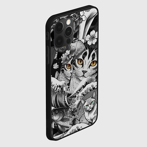 Чехол iPhone 12 Pro Max С котами и рыбой на фоне сакуры в волнах / 3D-Черный – фото 2