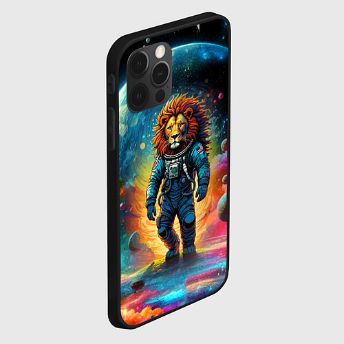 Чехол iPhone 12 Pro Max Лев бравый космонавт - неоновый космос / 3D-Черный – фото 2