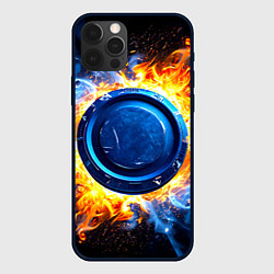 Чехол для iPhone 12 Pro Max Шайба в синем пламени, цвет: 3D-черный