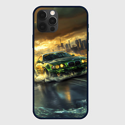 Чехол для iPhone 12 Pro Max Зеленый BMW волны на асфальте, цвет: 3D-черный