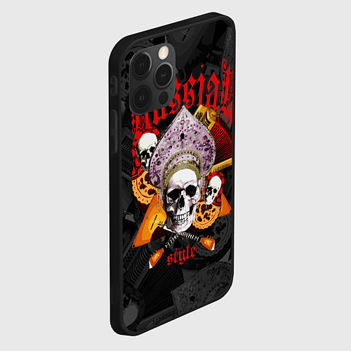 Чехол iPhone 12 Pro Max Череп в кокошнике на фоне матрёшек и балалаек / 3D-Черный – фото 2