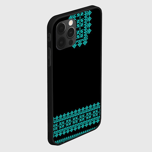 Чехол iPhone 12 Pro Max Славянские узоры и орнамент голубой - вышиванка ру / 3D-Черный – фото 2