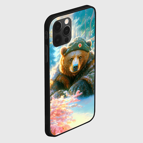 Чехол iPhone 12 Pro Max Русский медведь военный в лесу / 3D-Черный – фото 2
