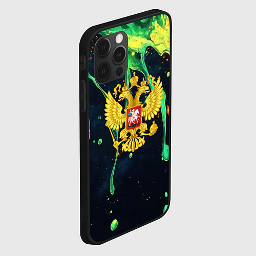 Чехол iPhone 12 Pro Max Герб России - черный фон с зеленой краской / 3D-Черный – фото 2