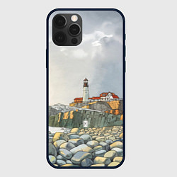 Чехол для iPhone 12 Pro Max Маяк и камни на пляже - акварельный рисунок, цвет: 3D-черный