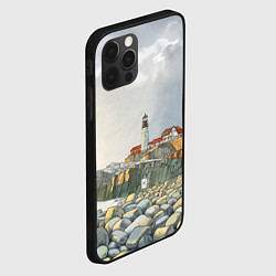 Чехол для iPhone 12 Pro Max Маяк и камни на пляже - акварельный рисунок, цвет: 3D-черный — фото 2