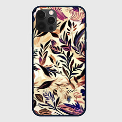 Чехол для iPhone 12 Pro Max Цветочный светло-коричневый с листьями, цвет: 3D-черный