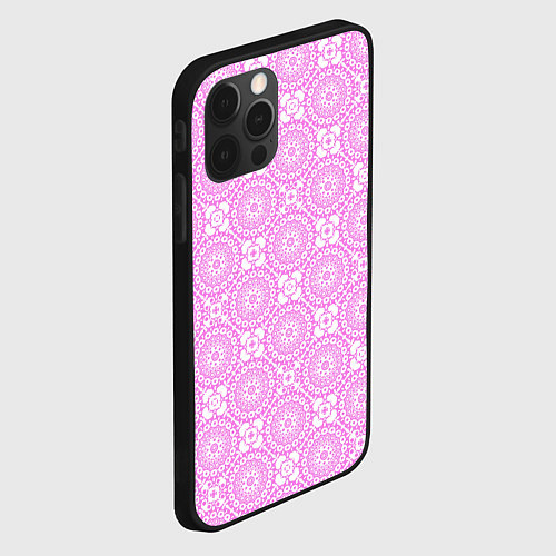 Чехол iPhone 12 Pro Max Бело розовый ажурный кружевной узор / 3D-Черный – фото 2