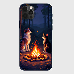 Чехол для iPhone 12 Pro Max Пёс и кот возле костра - пиксель арт, цвет: 3D-черный
