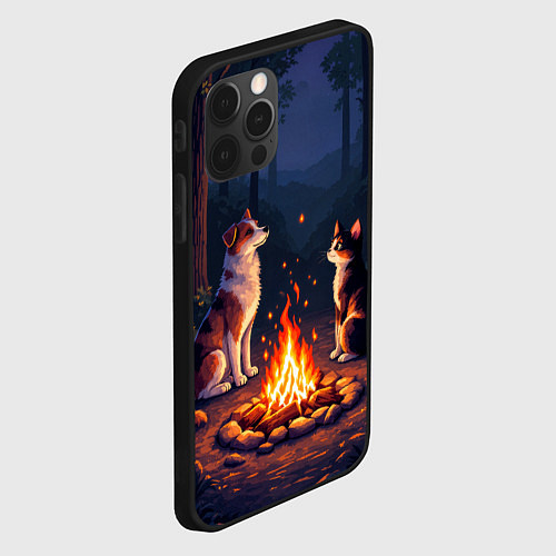 Чехол iPhone 12 Pro Max Пёс и кот возле костра - пиксель арт / 3D-Черный – фото 2