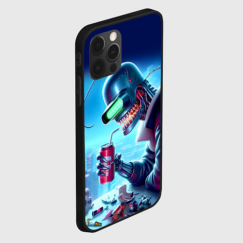 Чехол iPhone 12 Pro Max Кибер Бендер пьёт лимонад - неоновое свечение / 3D-Черный – фото 2