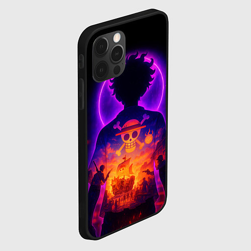 Чехол iPhone 12 Pro Max Ванпис - неоновый Луффи / 3D-Черный – фото 2