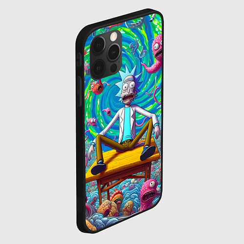 Чехол iPhone 12 Pro Max Рик Санчес сидит на столе в окружении монстров / 3D-Черный – фото 2