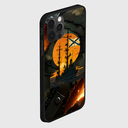 Чехол iPhone 12 Pro Max Корабль ВМФ на фоне камуфляжа / 3D-Черный – фото 2