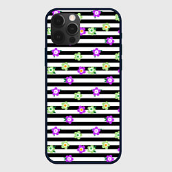 Чехол для iPhone 12 Pro Max Фиолетовые зеленый цветы на черно белом полосатом, цвет: 3D-черный