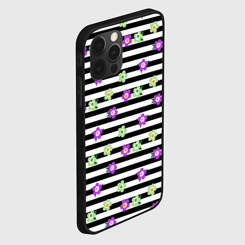 Чехол iPhone 12 Pro Max Фиолетовые зеленый цветы на черно белом полосатом / 3D-Черный – фото 2