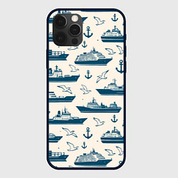 Чехол для iPhone 12 Pro Max Морской паттерн из чаек, якорей и кораблей, цвет: 3D-черный