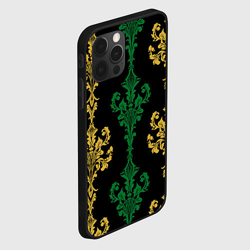 Чехол iPhone 12 Pro Max Узор на обоях золотой и зелёный на чёрном / 3D-Черный – фото 2