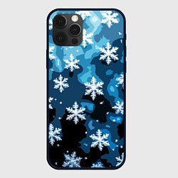 Чехол для iPhone 12 Pro Max Стилизованный паттерн со снежинками тёмно-синий, цвет: 3D-черный