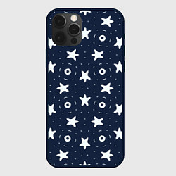 Чехол для iPhone 12 Pro Max Белые кольца и звезды на синем, цвет: 3D-черный