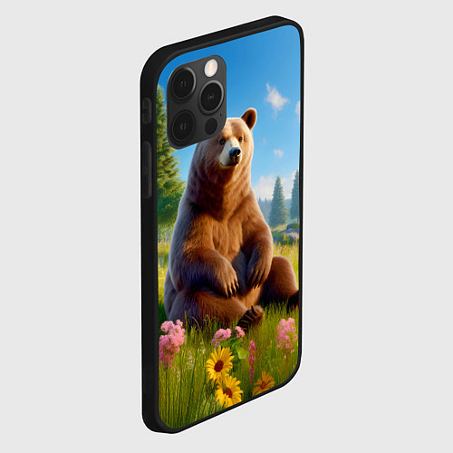 Чехол iPhone 12 Pro Max Русский мишка сидит на траве / 3D-Черный – фото 2