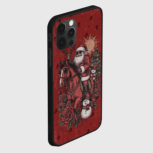 Чехол iPhone 12 Pro Max Санта Клаус на красном коне верхом / 3D-Черный – фото 2