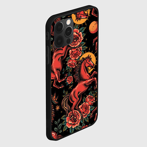 Чехол iPhone 12 Pro Max Красная лошадь с розами / 3D-Черный – фото 2
