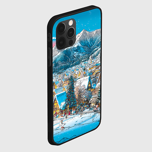 Чехол iPhone 12 Pro Max Новогодняя деревушка в горах / 3D-Черный – фото 2