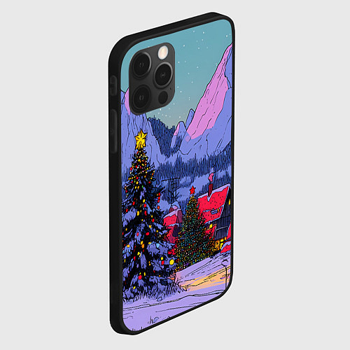 Чехол iPhone 12 Pro Max Новогодние елки в горном городке / 3D-Черный – фото 2