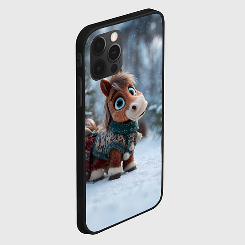 Чехол iPhone 12 Pro Max Маленькая лошадка в новогоднем лесу / 3D-Черный – фото 2