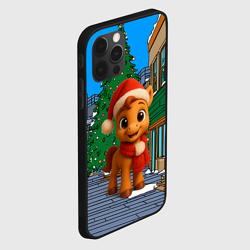 Чехол iPhone 12 Pro Max Новогодняя лошадка и елка / 3D-Черный – фото 2