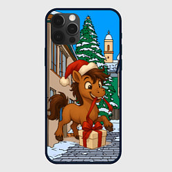Чехол для iPhone 12 Pro Max Лошадка распаковывает новогодний подарок, цвет: 3D-черный