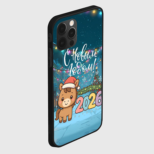 Чехол iPhone 12 Pro Max Новогодняя лошадка 2026 год / 3D-Черный – фото 2