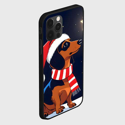 Чехол iPhone 12 Pro Max Новогодняя такса и звезды / 3D-Черный – фото 2