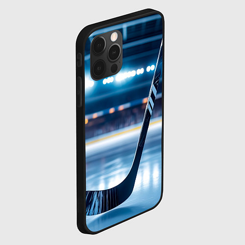 Чехол iPhone 12 Pro Max Хоккейная клюшка на льду арены / 3D-Черный – фото 2