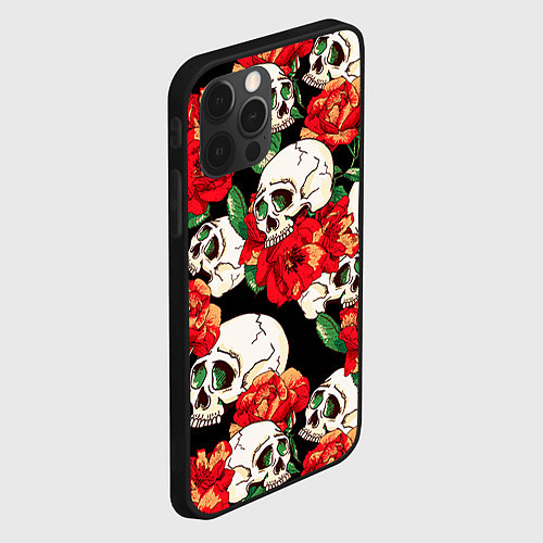 Чехол iPhone 12 Pro Max Черепки и розы / 3D-Черный – фото 2