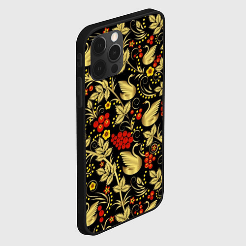 Чехол iPhone 12 Pro Хохлома золотые лебеди / 3D-Черный – фото 2
