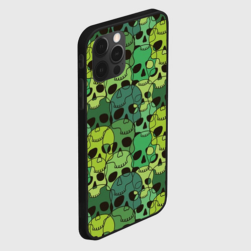 Чехол iPhone 12 Pro Зеленые черепа - паттерн / 3D-Черный – фото 2