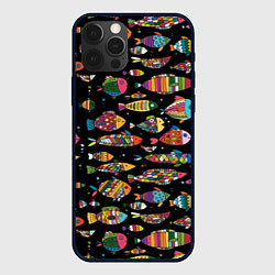 Чехол для iPhone 12 Pro Разноцветные рыбы - черный фон, цвет: 3D-черный