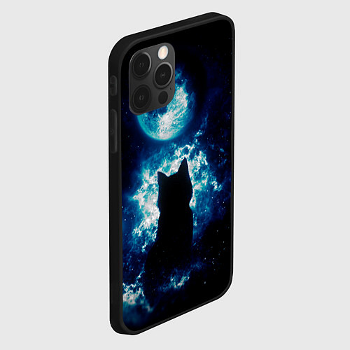 Чехол iPhone 12 Pro Кот силуэт луна ночь звезды / 3D-Черный – фото 2