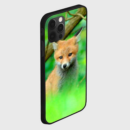 Чехол iPhone 12 Pro Лисенок в зеленом лесу / 3D-Черный – фото 2