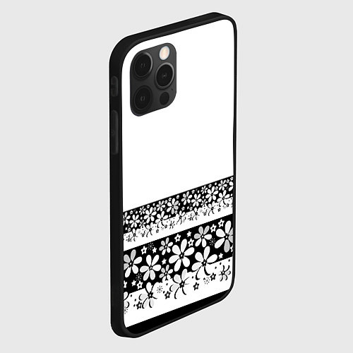 Чехол iPhone 12 Pro Черно-белый цветочный принт / 3D-Черный – фото 2
