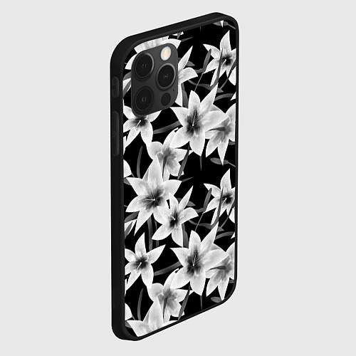 Чехол iPhone 12 Pro Лилии черно-белые / 3D-Черный – фото 2