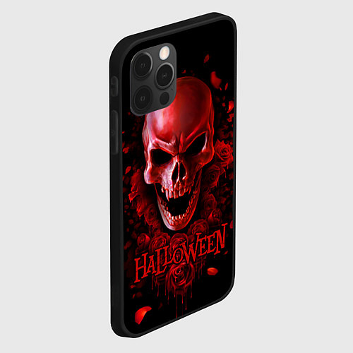 Чехол iPhone 12 Pro Красный череп в кровавых розах / 3D-Черный – фото 2