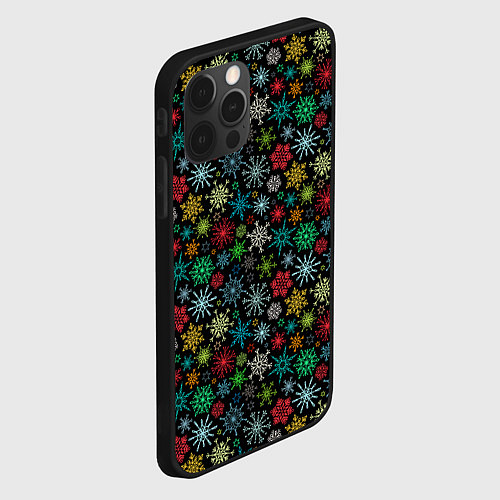 Чехол iPhone 12 Pro Разноцветные Снежинки / 3D-Черный – фото 2