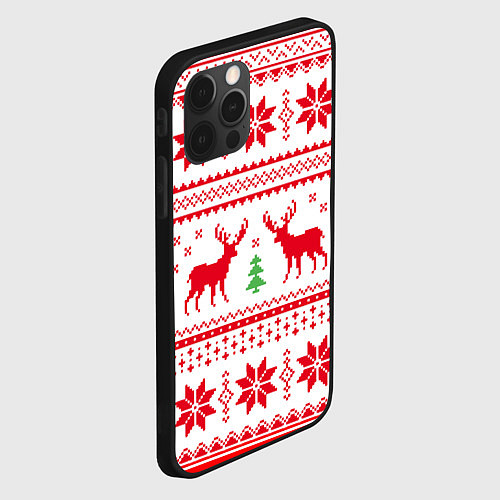 Чехол iPhone 12 Pro Новогодний узор с оленями / 3D-Черный – фото 2