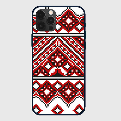 Чехол iPhone 12 Pro Русский узор, геометрическая вышивка / 3D-Черный – фото 1