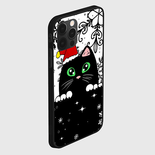 Чехол iPhone 12 Pro Новогодний кот в колпаке Санты / 3D-Черный – фото 2